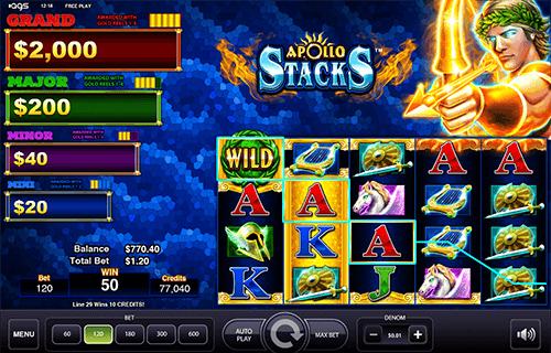 The AGS slot “Apollo Stacks” features 5x4 reel layout and 4 jackpots