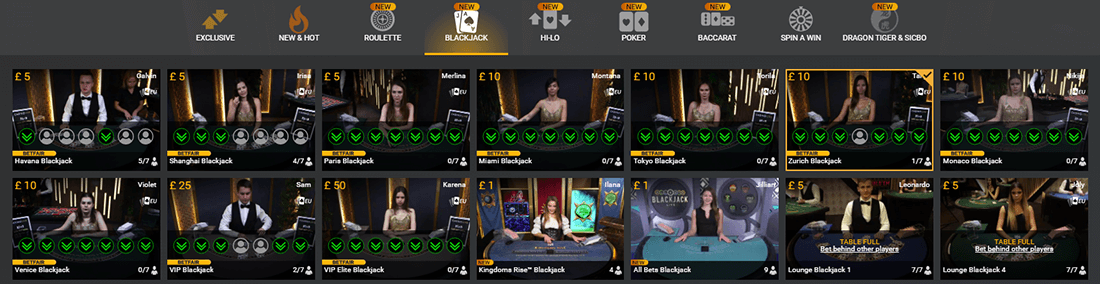 Betfair casino live dealer lobby has more than 100 tables to choose from.