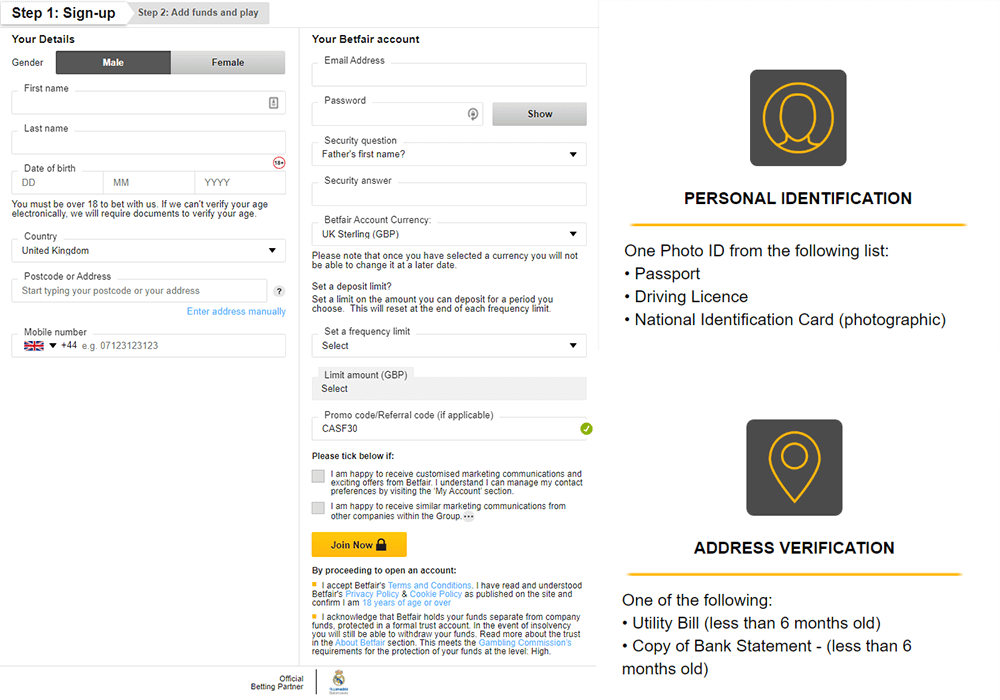 The registration process at Betfair Casino simple and fast.