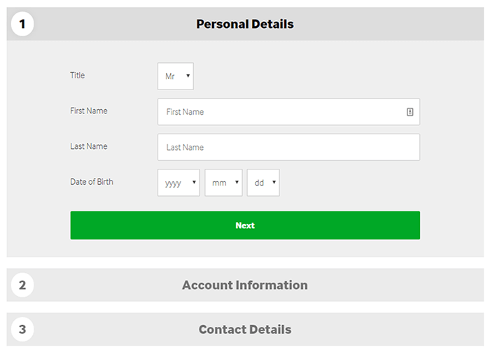 Betway Casino registration form contains 3 steps.