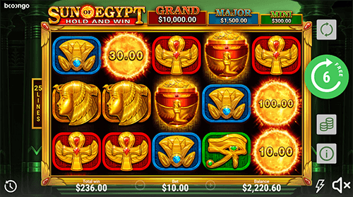 The “Sun of Egypt” slot by Booongo offers three types of jackpots