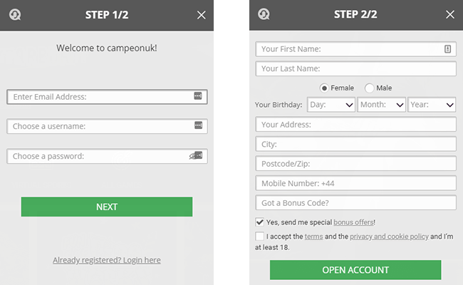 CampeonUK Casino has 2 simple registration steps