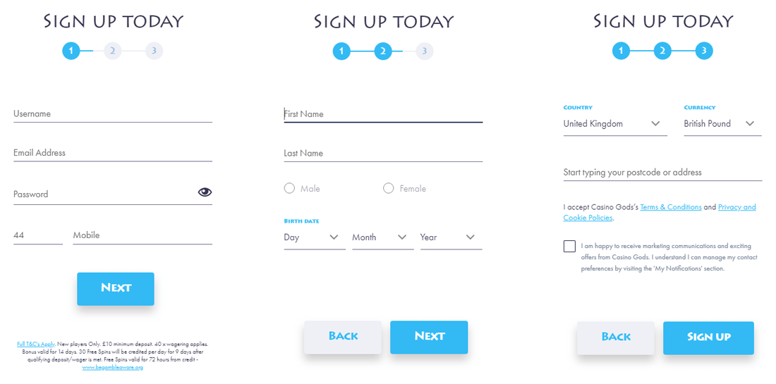 The account registration at Casino Gods is easy and contains 3 steps