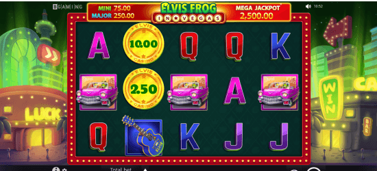 Play Elvis Frog in Vegas 5x3 layout and be winner!