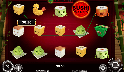 “Sushi Masters” is a “drop-down reel” style slot by Multislot with 25 paylines