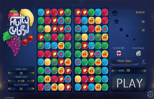 The NeoGames lottery card “Fruity Cubes” features a dual playing grid