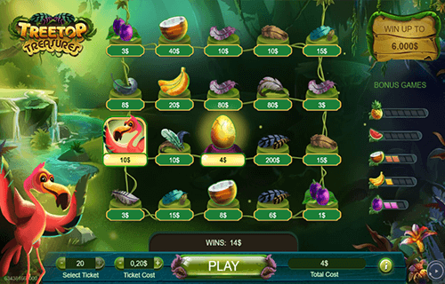 The “Treetop Treasures” is a jungle-themed lottery card by NeoGames
