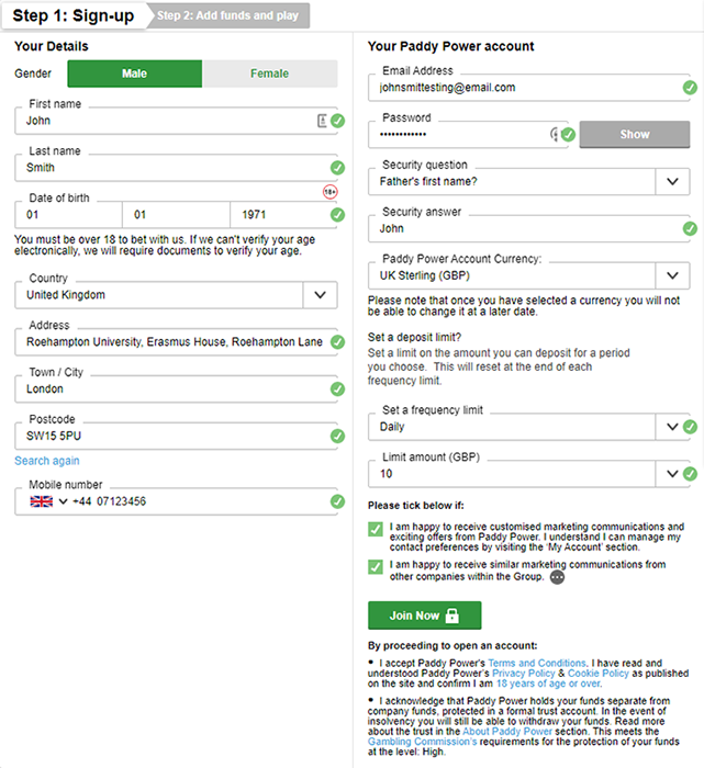 The registration process at Paddy Power Casino is quick and easy.