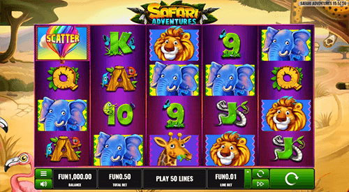 The “Safari Adventures” game by Platipus is an animal-themed slot with a 50 fixed pay lines