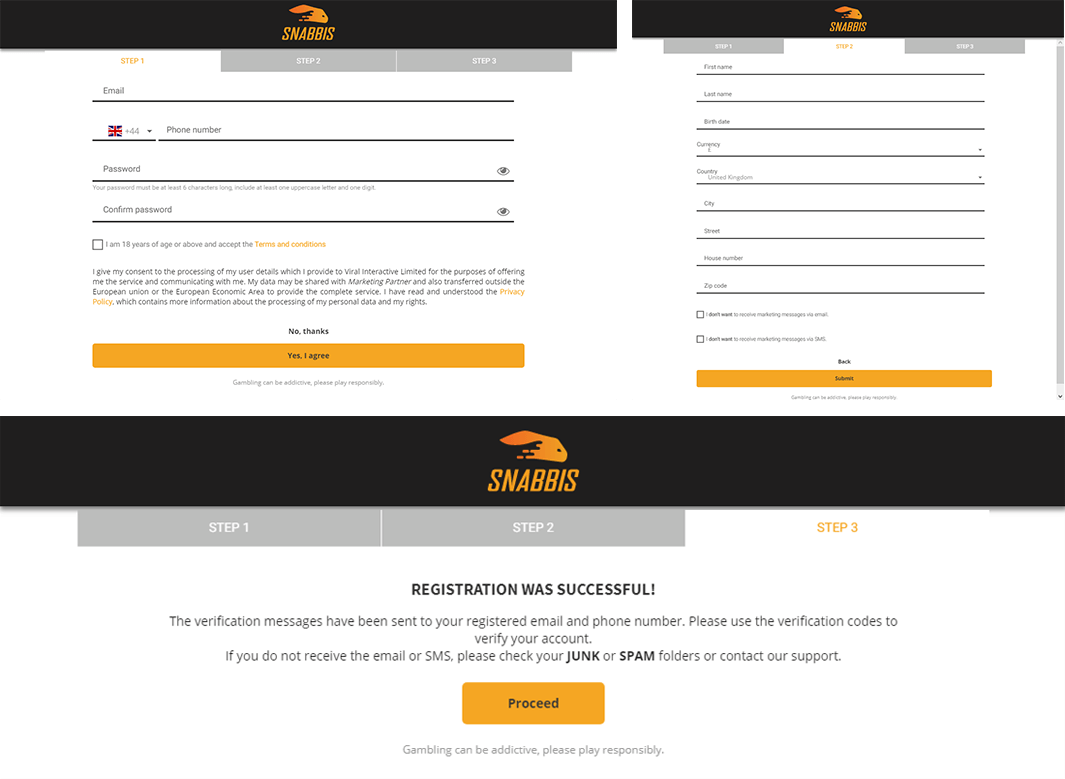 The registration steps at Snabbis casino are 3