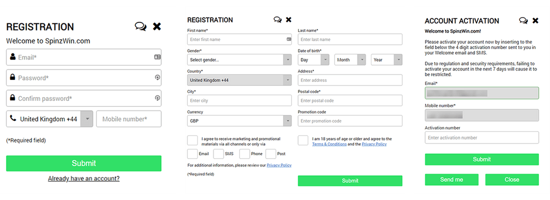 Regisering a new account at SpinzWin Casino is simple and easy.