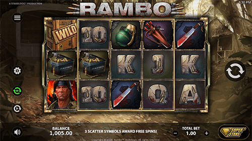 The “Rambo™” slot by Stakelogic has a 5x3 reel layout and 20 pay lines