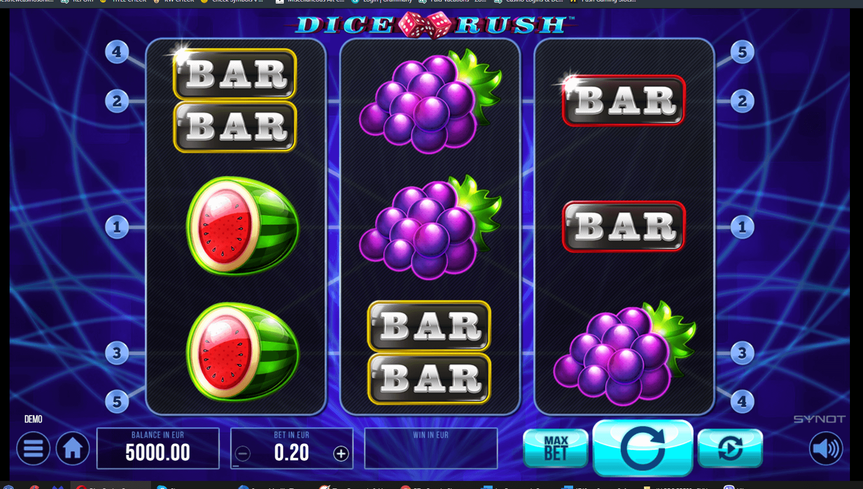 “Dice Rush” by SYNOT Games is a 3x3 classic-looking slot with 5 paylines