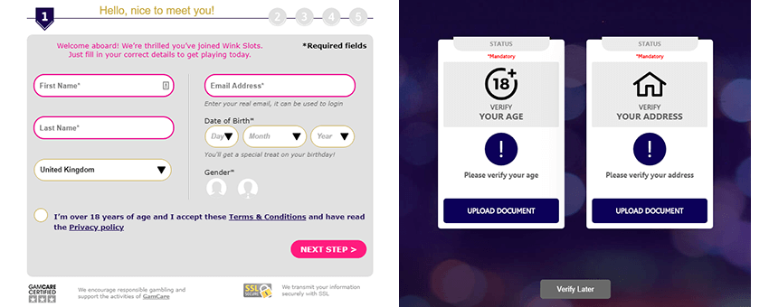 The registration process at Wink Slots casino inculdes 5 steps.